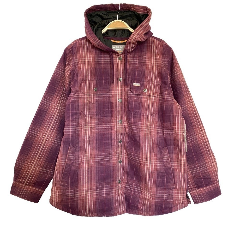 Ariat Rebar Flannel Hooded Shacket Barn Shirt Jacket Women L Purple Plaid NWT‎
